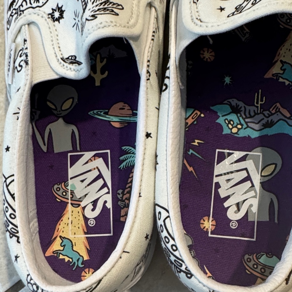 Vans White Slip-On Sneakers with Black Space Themes Graphics - Picture 4 of 4